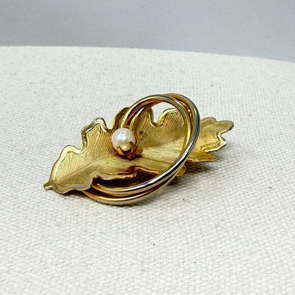 Vintage Leaf Brooch Gold-Tone Imitation Pearl MCM Mid-Century Nature Retro - Picture 2 of 11